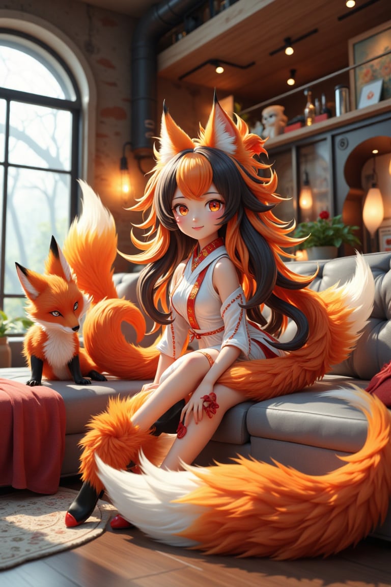 1girl sits on the big sofa and plays with a pet,  a fire fox in a big living room,  interior design by Smallgrass 998 on T...
