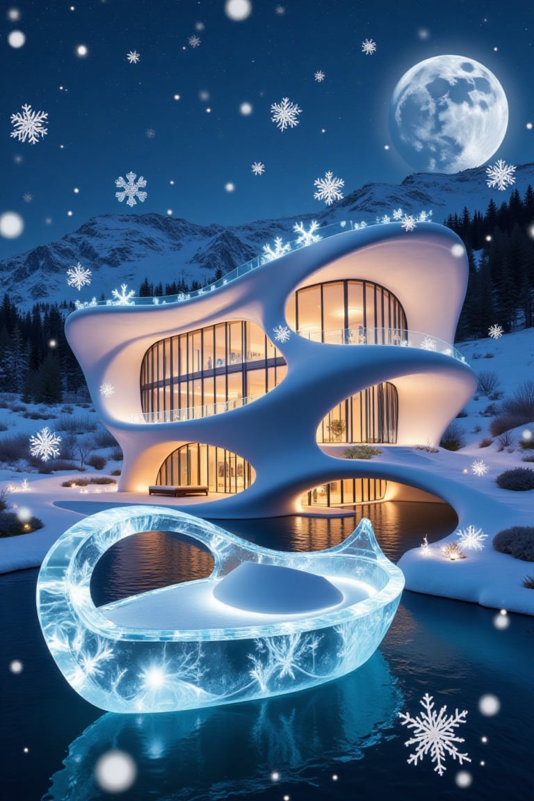Snowflakes and ice crystals form a modern house with beautiful blue lights. and snowflakes and ice crystals form a translu...