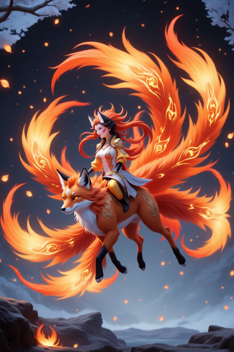 1girl ride a fire fox on air up the frozen lake,  front.1girl is smiling at the camera,  a detailed face by Smallgrass 998...