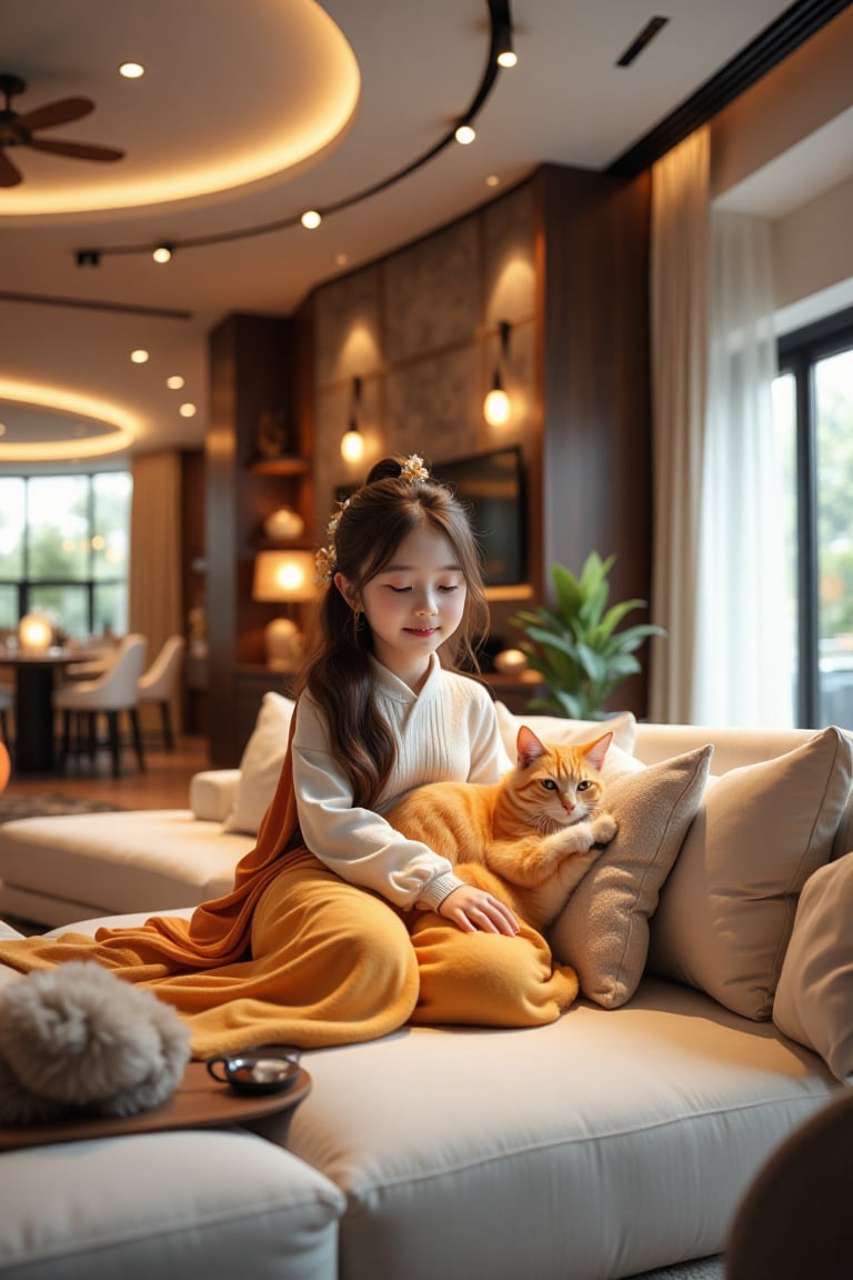 1girl sits on the big sofa and plays with a little yellow cat,  in a big living room,  interior design by Smallgrass 998 o...