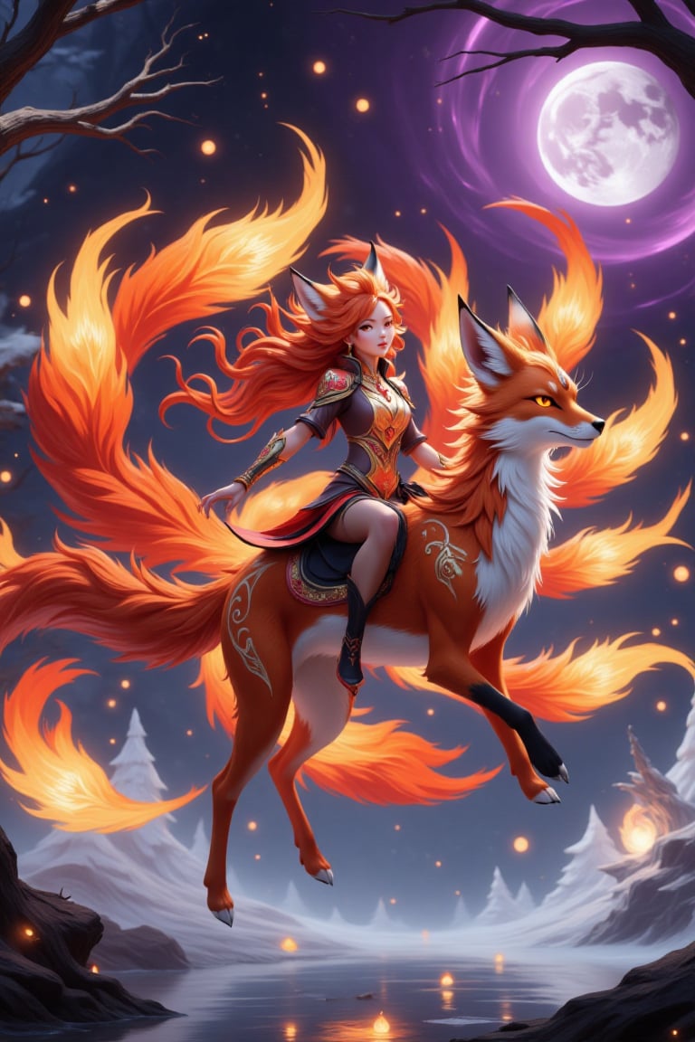 1girl ride a fire fox on air up the frozen lake,  front.1girl is smiling at the camera,  a detailed face by Smallgrass 998...