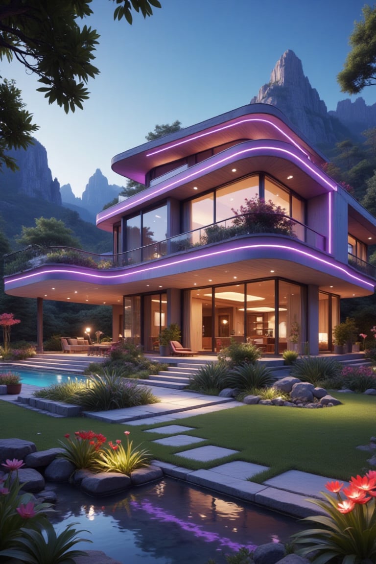 a modern house with beautiful purple lights,  in a beautiful landscape,  a greenhouse by Smallgrass 998 on Tensor.Art