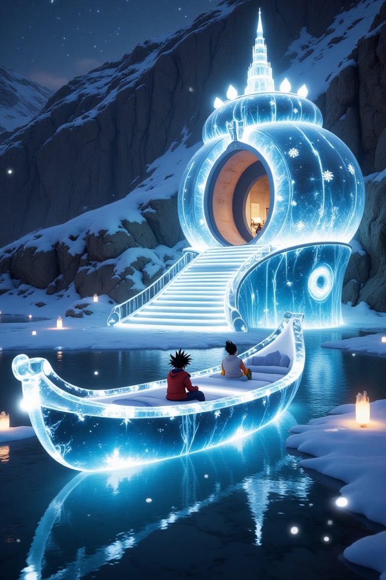 a translucent ice palace with beautiful blue lights,  in a beautiful landscape,  Snowflakes and ice crystals form a transl...