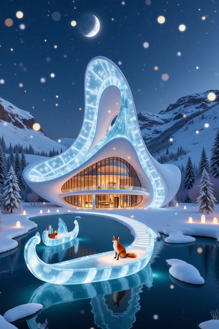 Snowflakes and ice crystals form a modern house with beautiful blue lights. and snowflakes and ice crystals form a translu...