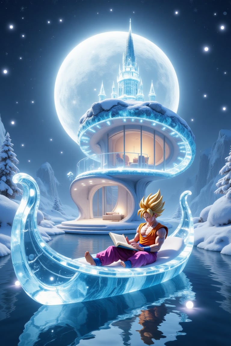 Snowflakes and ice crystals form a modern house with beautiful blue lights,  house design of pearl. and snowflakes and ice...