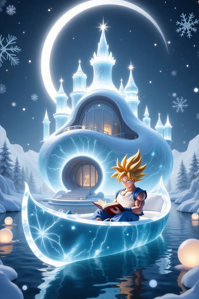 Snowflakes and ice crystals form a modern house with beautiful blue lights,  house design of pearl. and snowflakes and ice...