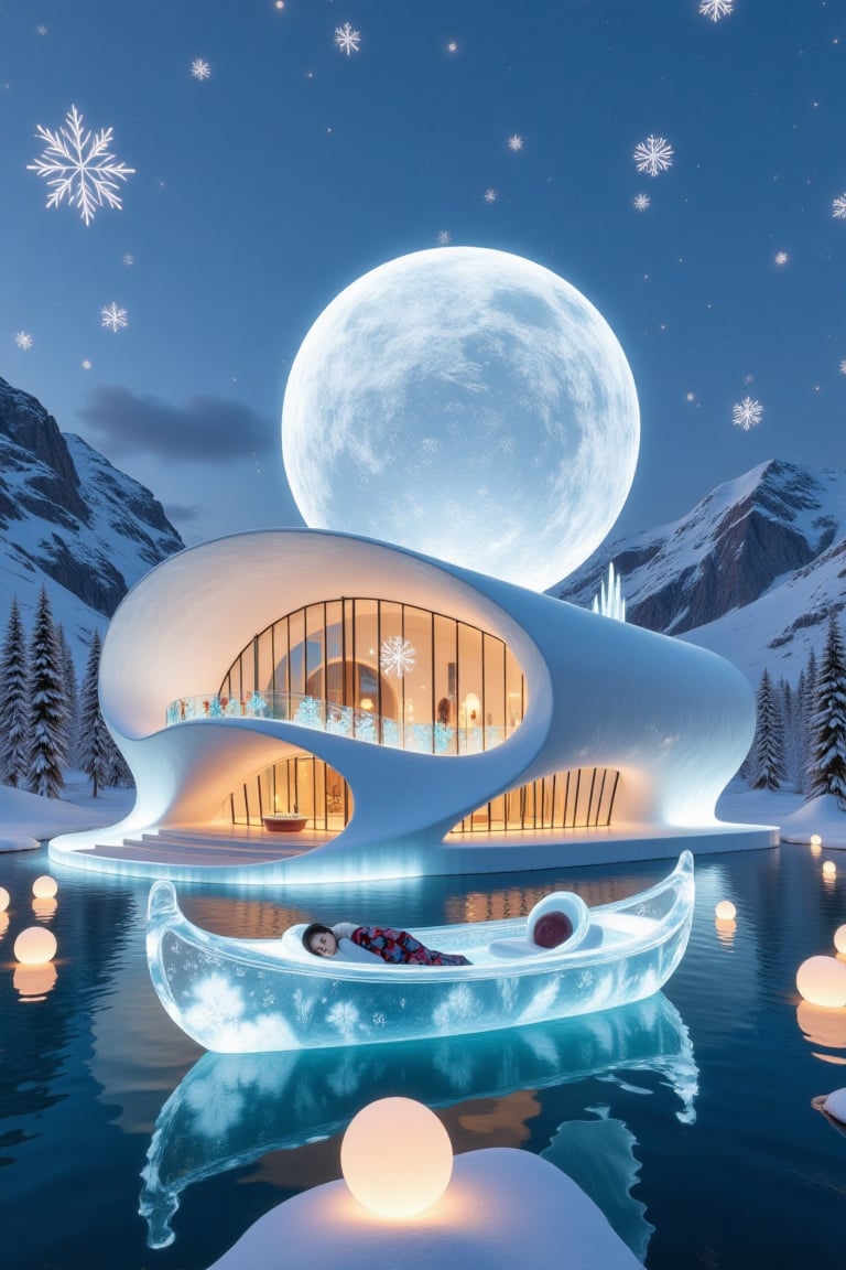 Snowflakes and ice crystals form a modern house with beautiful blue lights. and snowflakes and ice crystals form a translu...