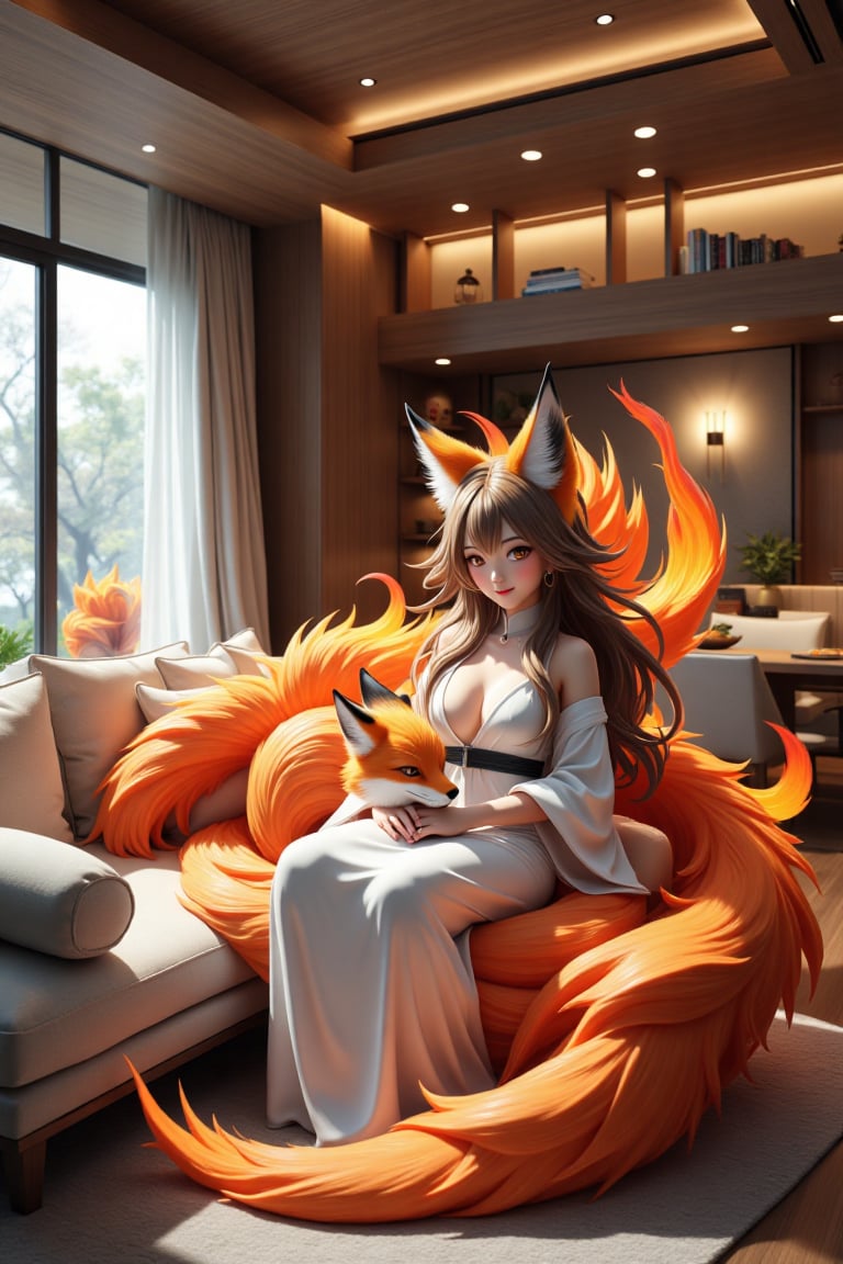 1girl sits on the big sofa and plays with a pet,  a fire fox in a big living room,  interior design by Smallgrass 998 on T...