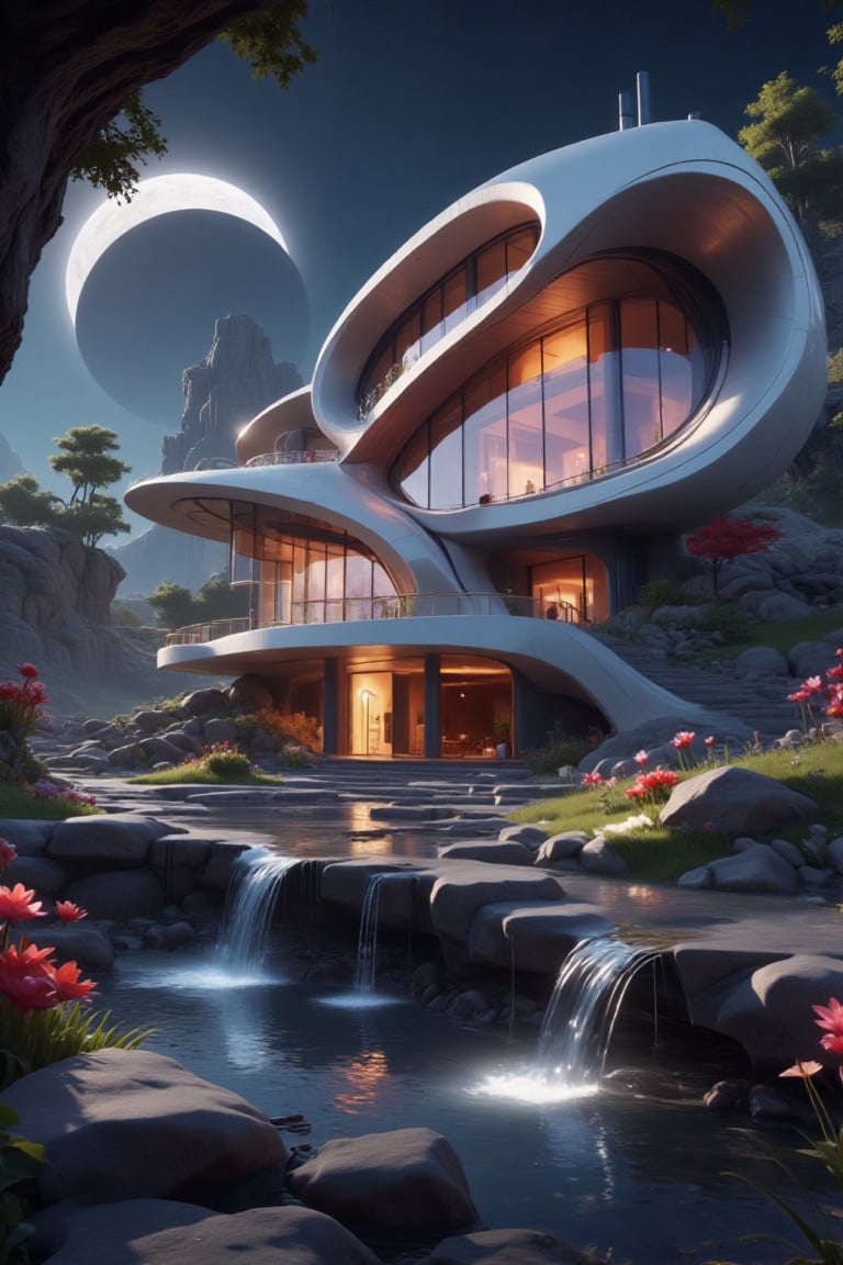 a modern house like a spaceship with beautiful purple lights,  in a beautiful landscape,  at a beautiful moon night by Sma...