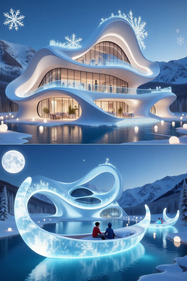 There are two perspective pictures on top and bottom,  one is Snowflakes and ice crystals form a modern house design of pe...