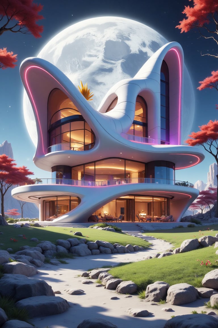 a modern house like a spaceship with beautiful purple lights,  in a beautiful landscape,  at a beautiful moon night by Sma...