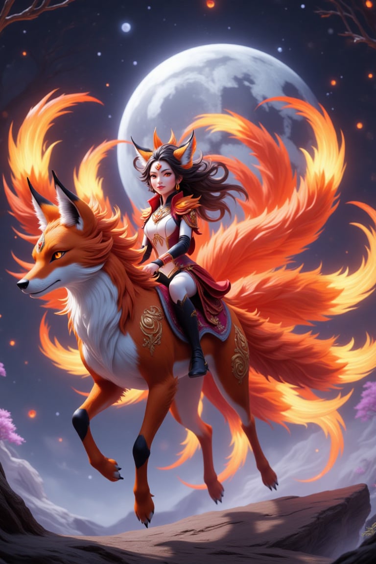 1girl ride a fire fox on air up the frozen lake,  front.1girl is smiling at the camera,  a detailed face by Smallgrass 998...