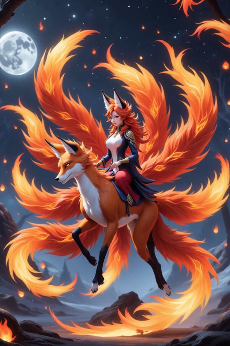 1girl ride a fire fox on air up the frozen lake. 1girl is smiling at the camera,  a detailed face,  very detailed by Small...