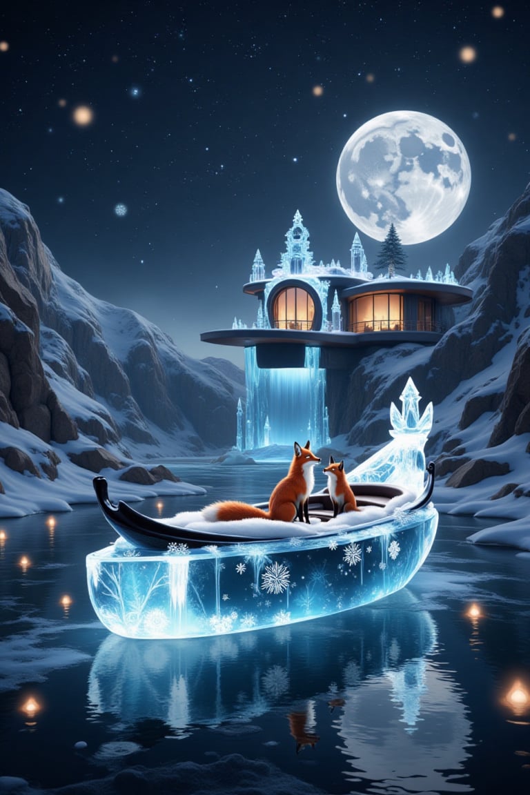 Snowflakes and ice crystals form a modern house with beautiful blue lights. and snowflakes and ice crystals form a translu...
