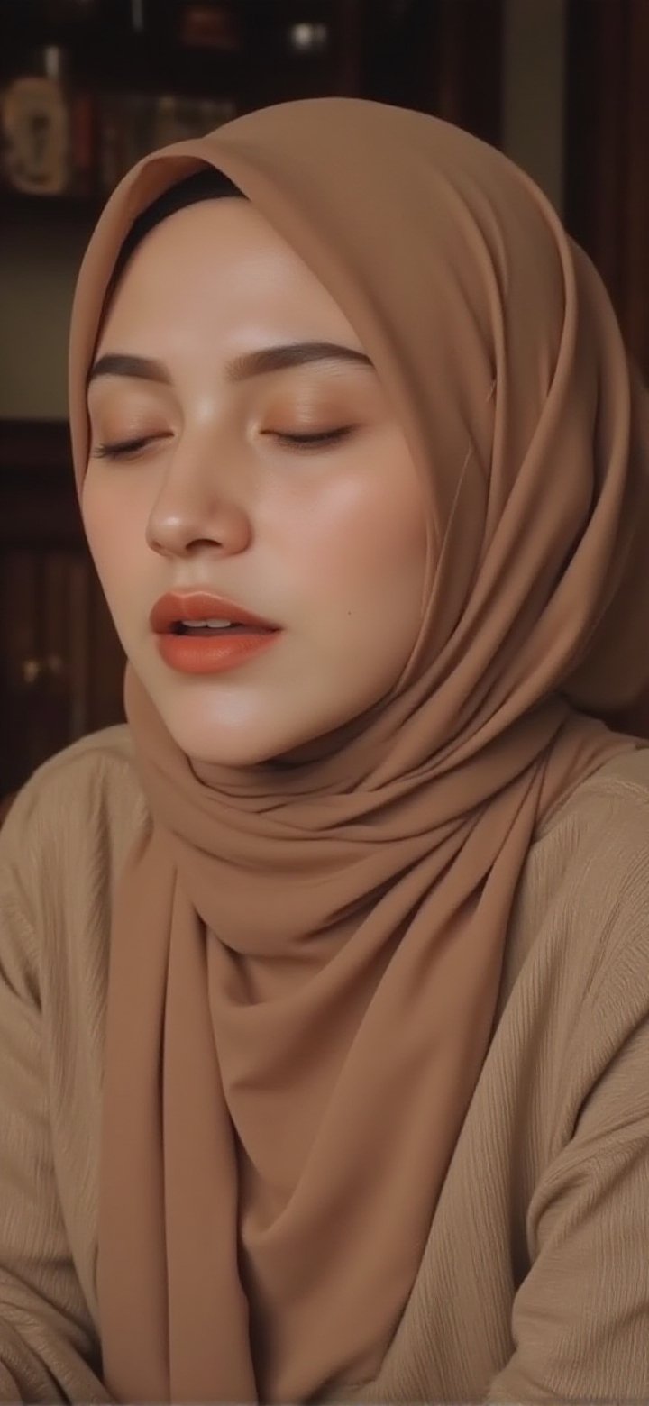 The image shows a person with matching long hijab wearing a light brown top. The background is blurred,  but it appears to...