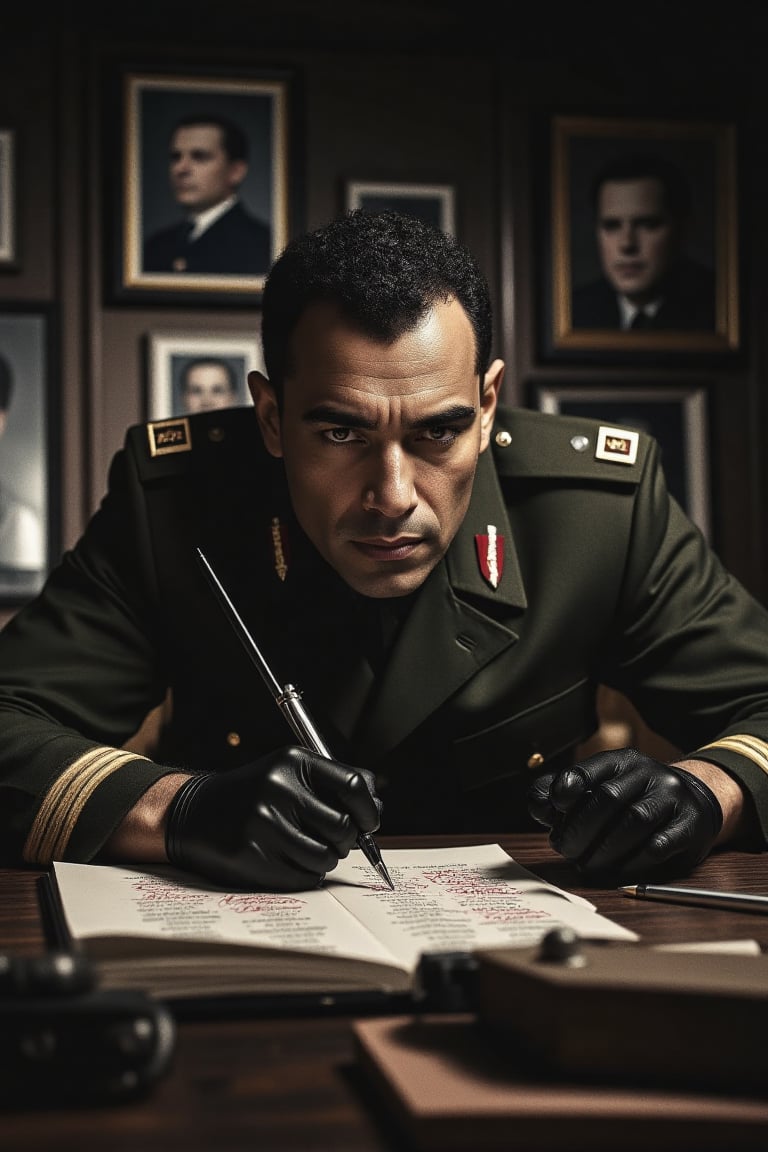 A close-up in a dimly lit office shows General Batista leaning over a desk,  his piercing eyes locked onto a military comm...