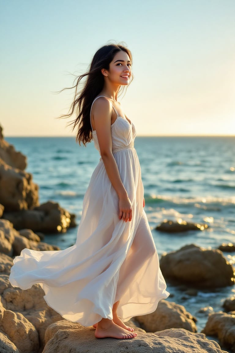 A serene coastal scene unfolds: a young woman with porcelain skin and raven-black hair,  beaming with joy,  stands tall on...