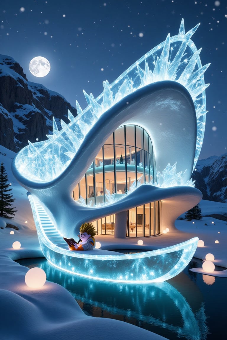 Snowflakes and ice crystals form a modern house with beautiful blue lights. and snowflakes and ice crystals form a translu...