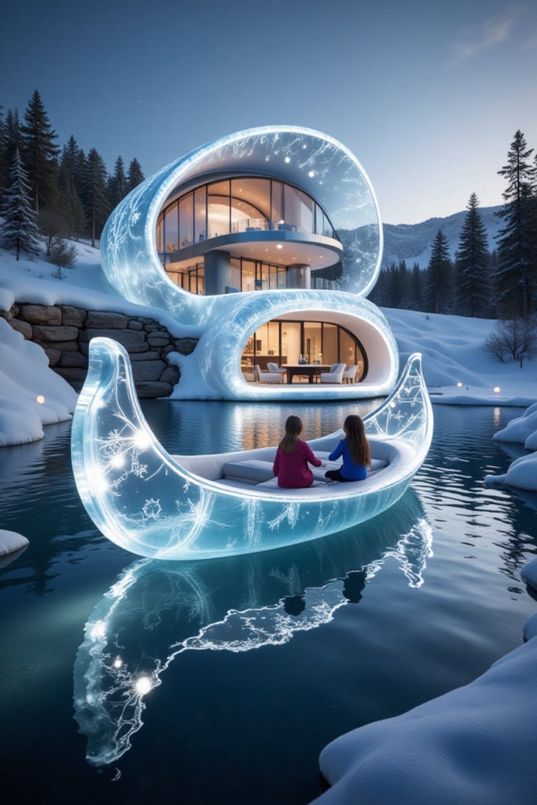 a translucent modern greenhouse like a ice palace with beautiful blue lights,  in a beautiful landscape,  Snowflakes and i...