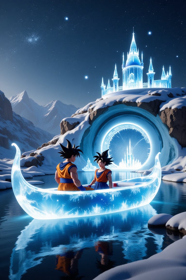 a translucent ice palace with beautiful blue lights,  in a beautiful landscape,  Snowflakes and ice crystals form a transl...