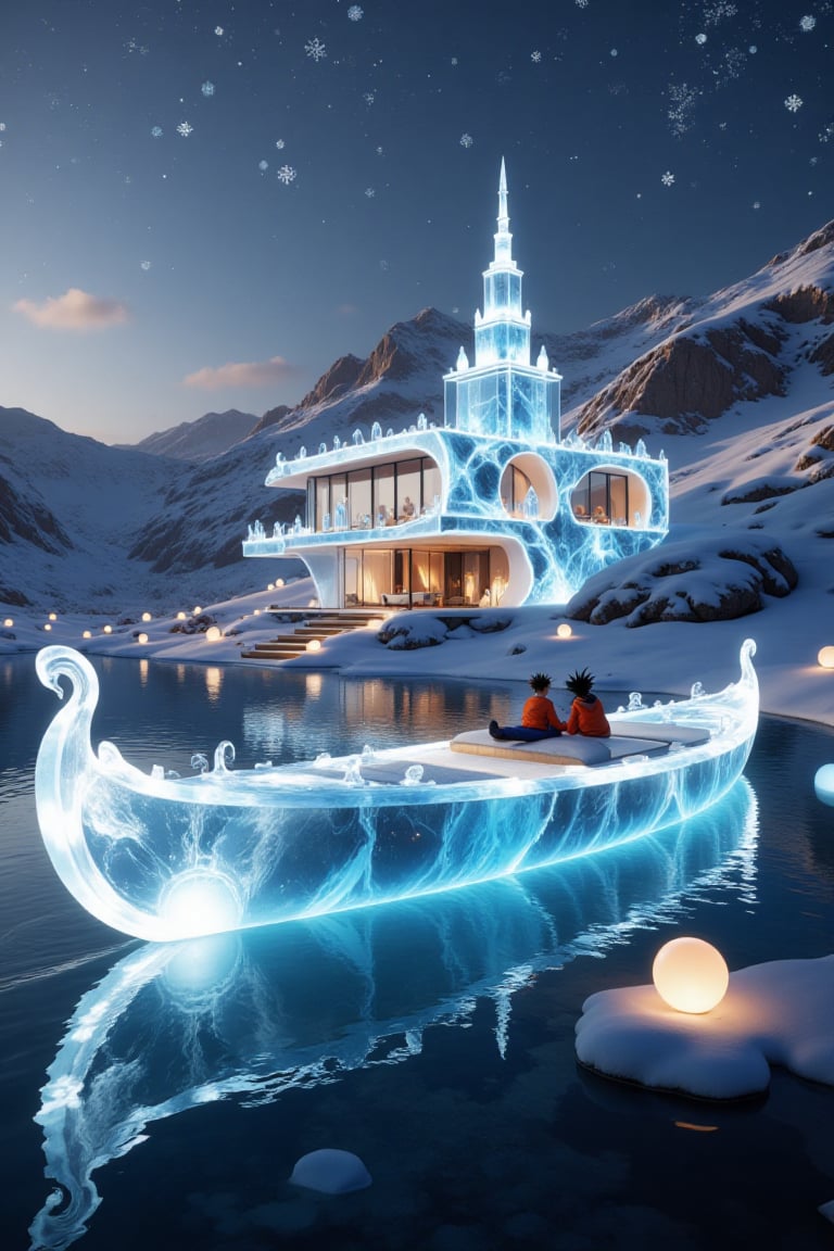 a translucent modern house like a ice palace with beautiful blue lights,  in a beautiful landscape,  Snowflakes and ice cr...