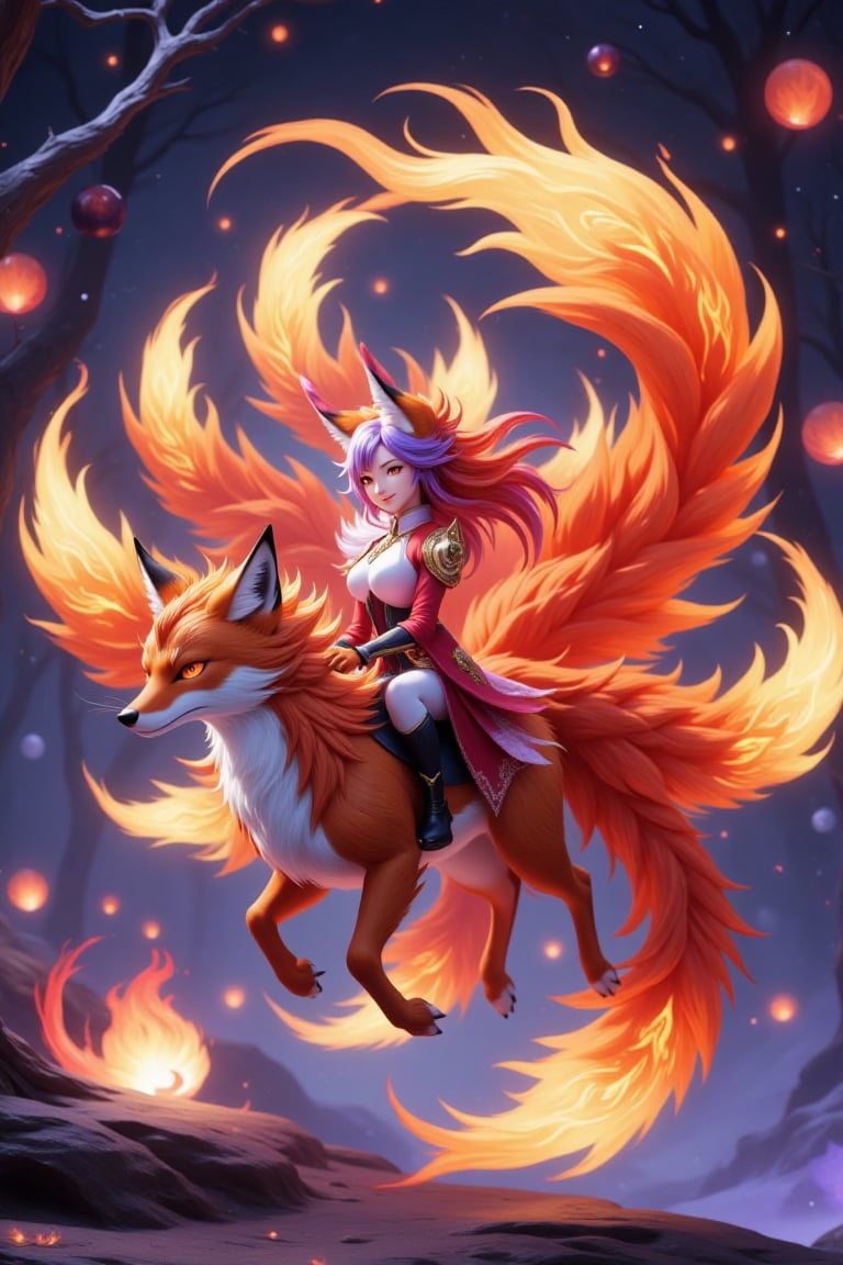 1girl ride a fire fox on air up the frozen lake. 1girl is smiling at the camera,  a detailed face,  very detailed by Fang...