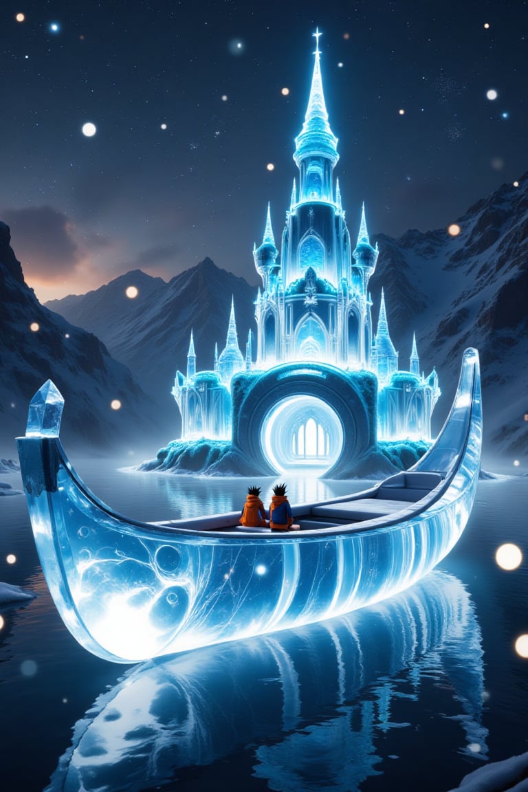 a translucent ice palace with beautiful blue lights,  in a beautiful landscape,  Snowflakes and ice crystals form a transl...