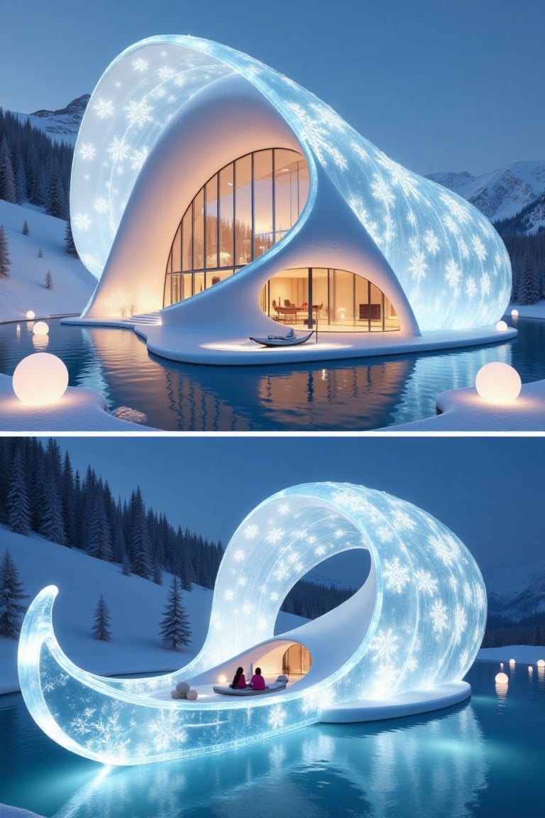 There are two perspective pictures on top and bottom,  one is Snowflakes and ice crystals form a modern house design of pe...