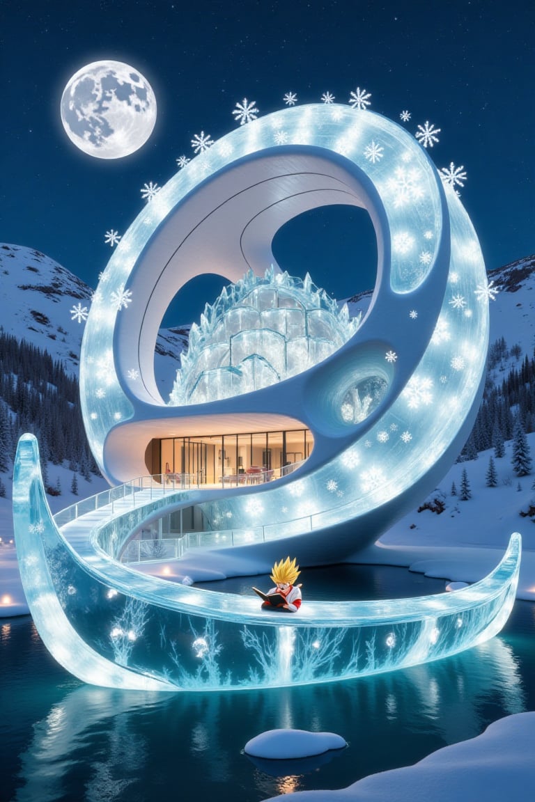 Snowflakes and ice crystals form a modern house with beautiful blue lights. and snowflakes and ice crystals form a translu...