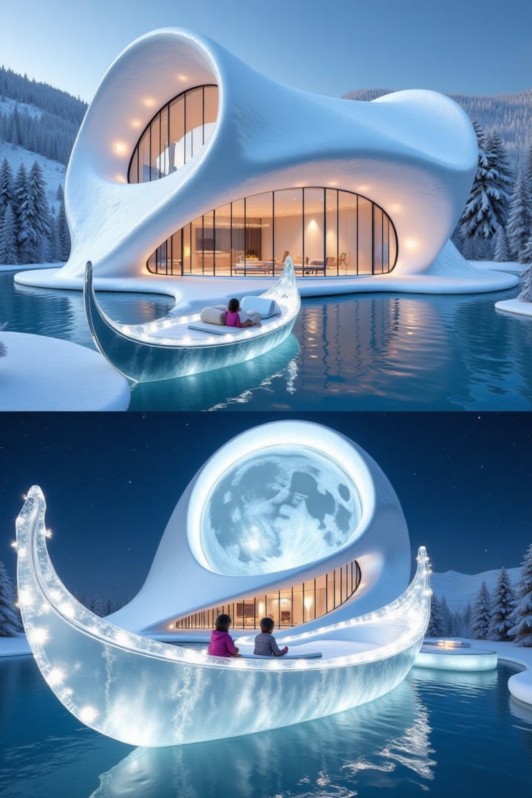 There are two perspective pictures on top and bottom,  one is Snowflakes and ice crystals form a modern house design of pe...