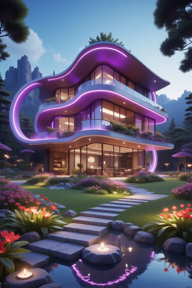 a modern house with beautiful purple lights,  in a beautiful landscape,  a greenhouse by Fang Ying on Tensor.Art