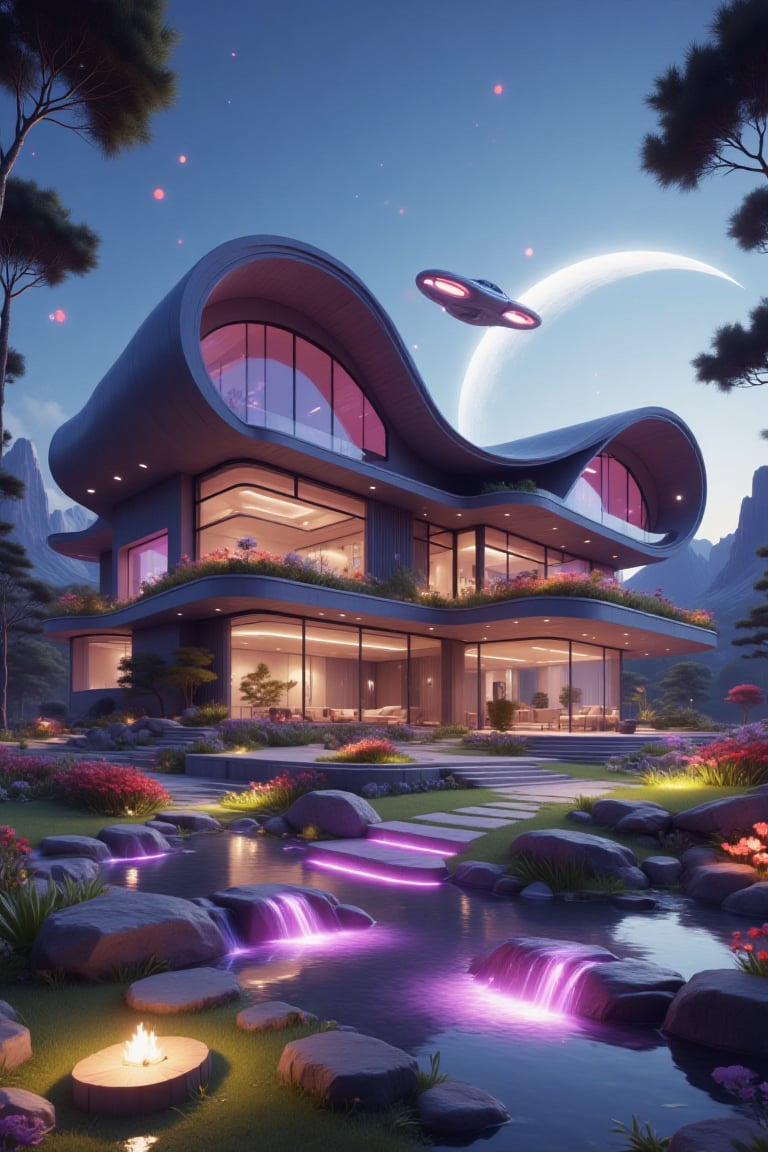 a modern house with beautiful purple lights,  in beautiful landscape,  a spaceship by Fang Ying on Tensor.Art