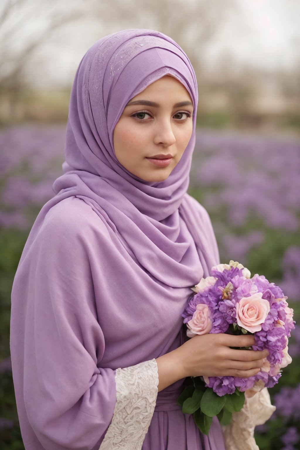 head close-up Soft focus captures elegant hijabi young woman posed with poise amidst a vibrant background. Strobe light hi...