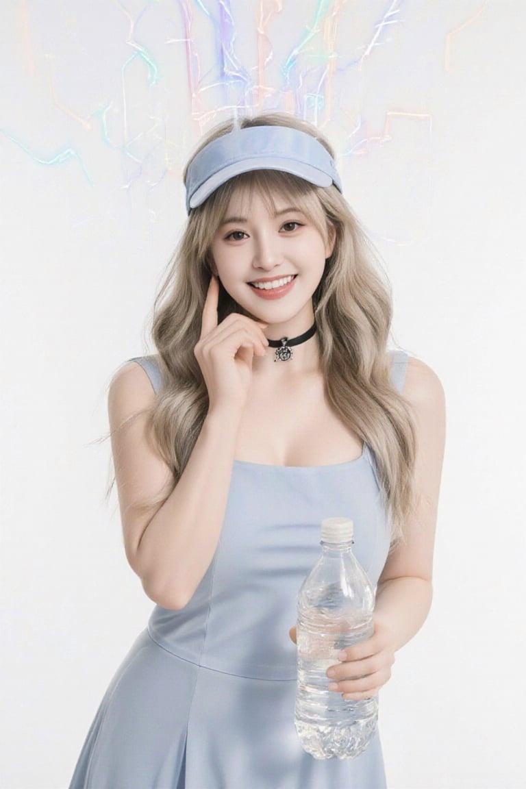 A smiling young woman with long,  light-colored hair styled in loose waves stands against a white background. She wears a...