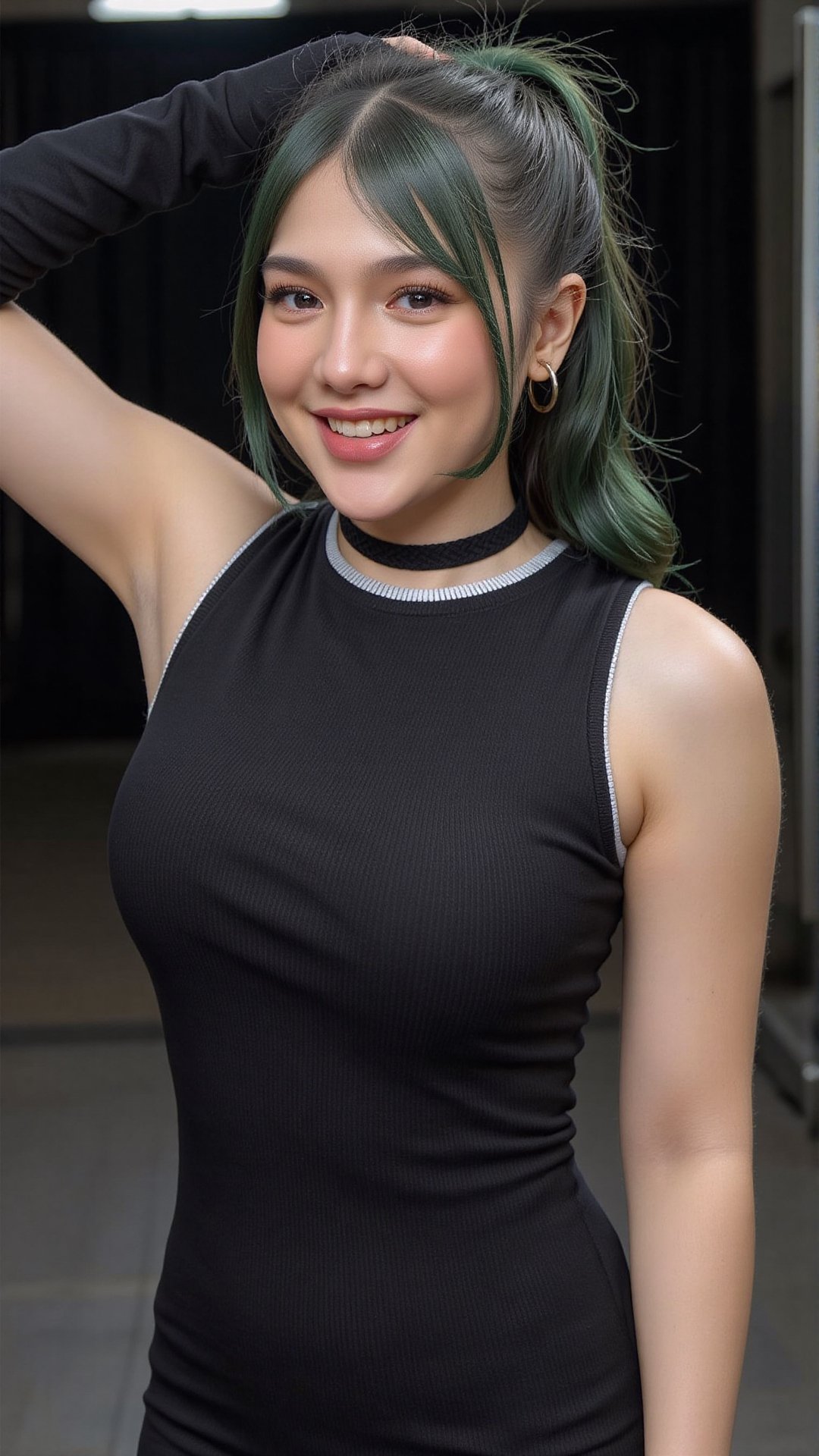 Women have long green hair that is shiny,  tied up in a high pigtail style,  with a few strands of hair down to the side b...