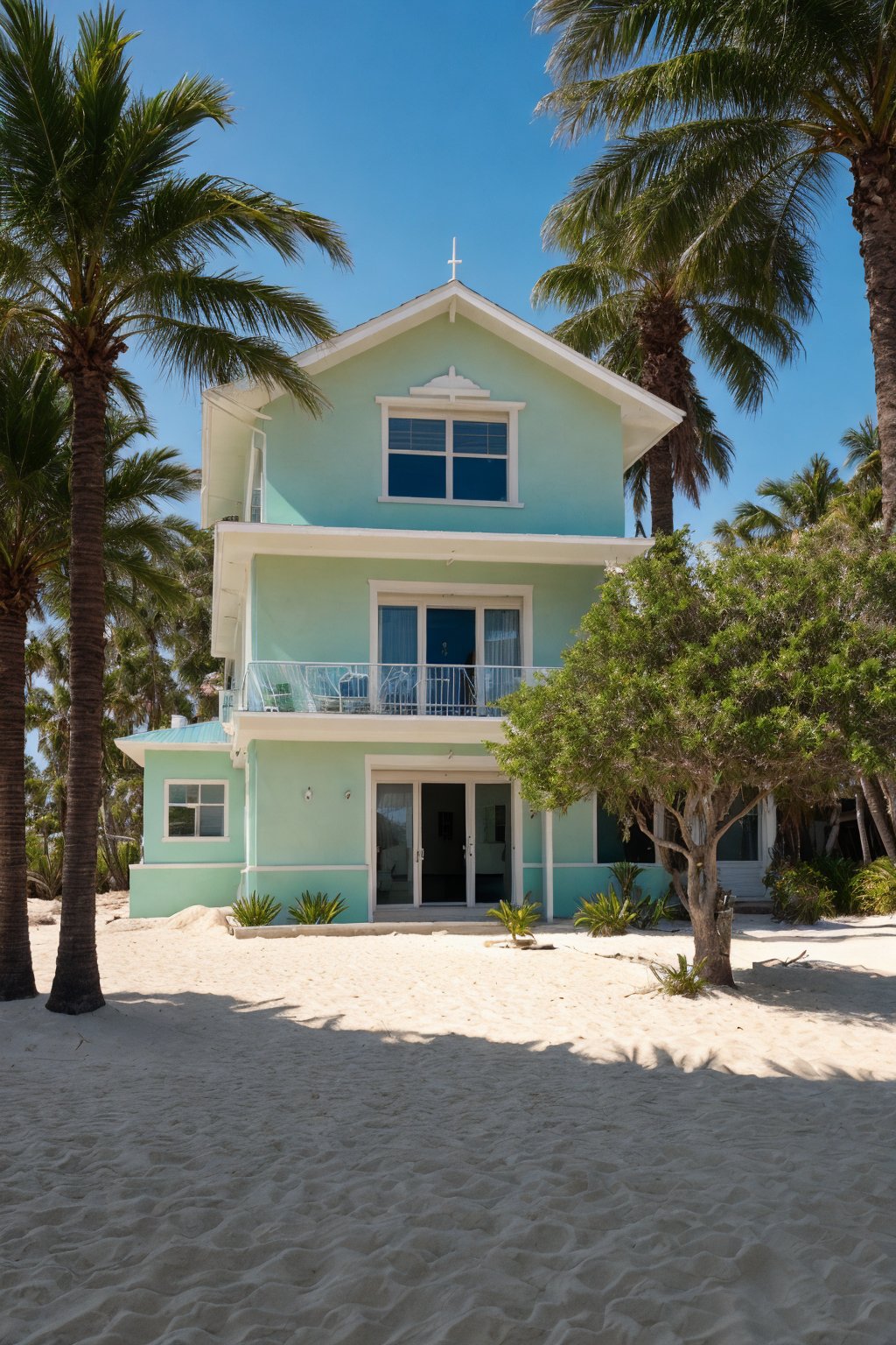 a big bright luxury house next to a palm tree in the sand on the beach. on this house we see a chalk drawing SpongeBob and...