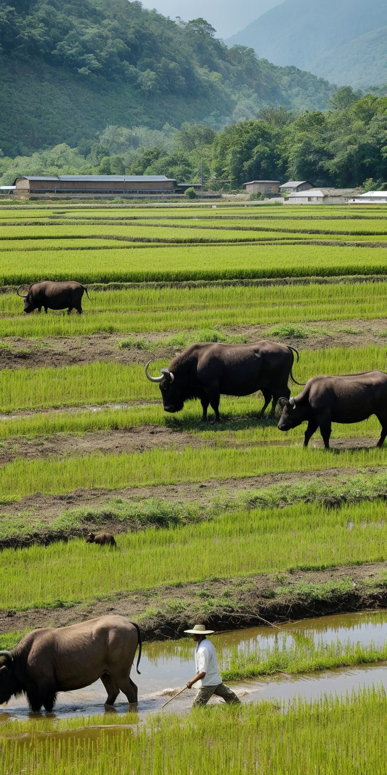 In a miniature world,  three diligent farmers collaborate in a terraced rice field,  accompanied by a water buffalo. The f...