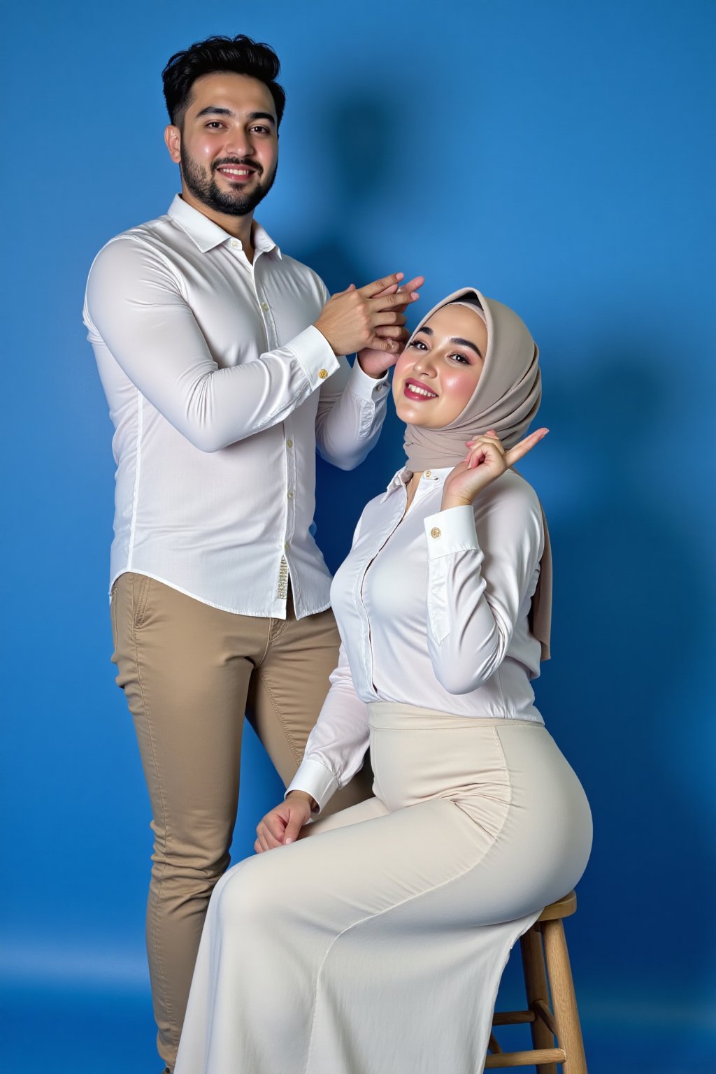 Ultra high-resolution professional studio portrait of a young man and woman duo,  dressed in matching semi-formal outfits....