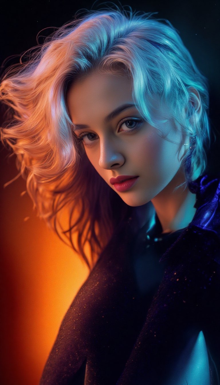 Crystal Reed,  Beautiful realistic girl with BRIGHT WHITE-BLUE long hair ,  clean skin with detailed skin by user_@76_8248...