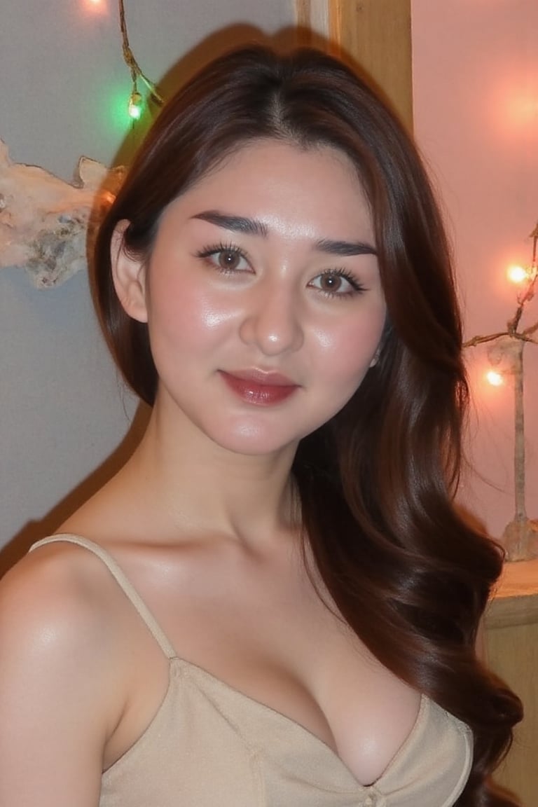 A young woman with fair skin and dark brown long hair styled. She's wearing a light beige spaghetti strap top that reveals...