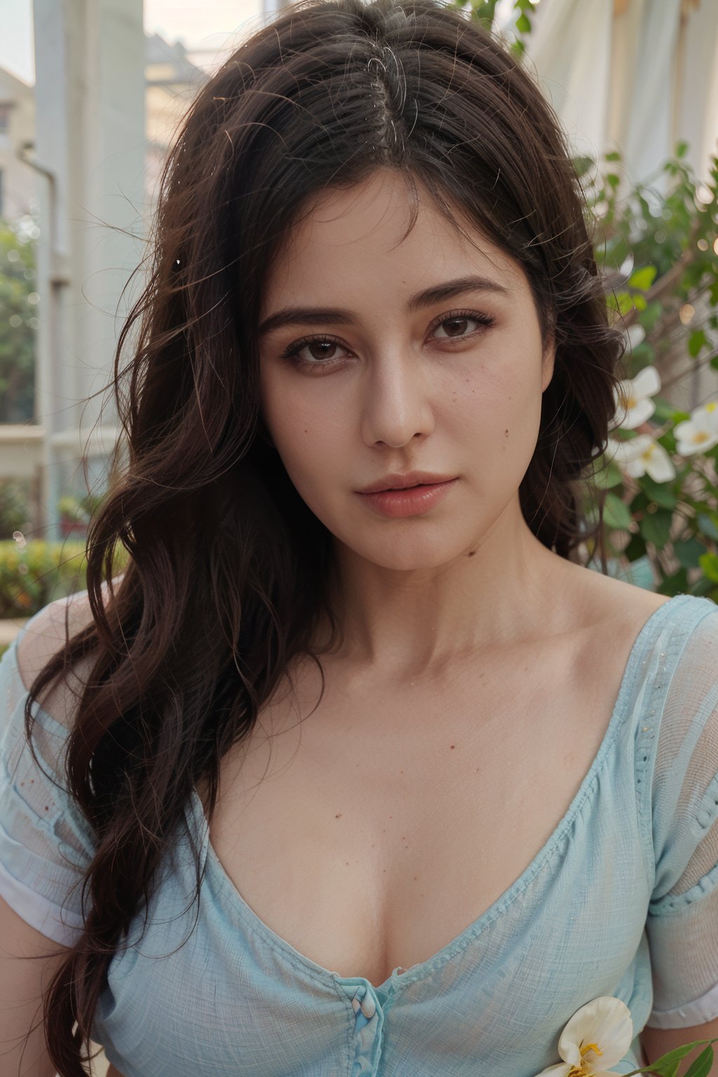 A young woman with dark,  flowing hair,  positioned slightly off-center to the left of the frame by user_@76_8248125162983...