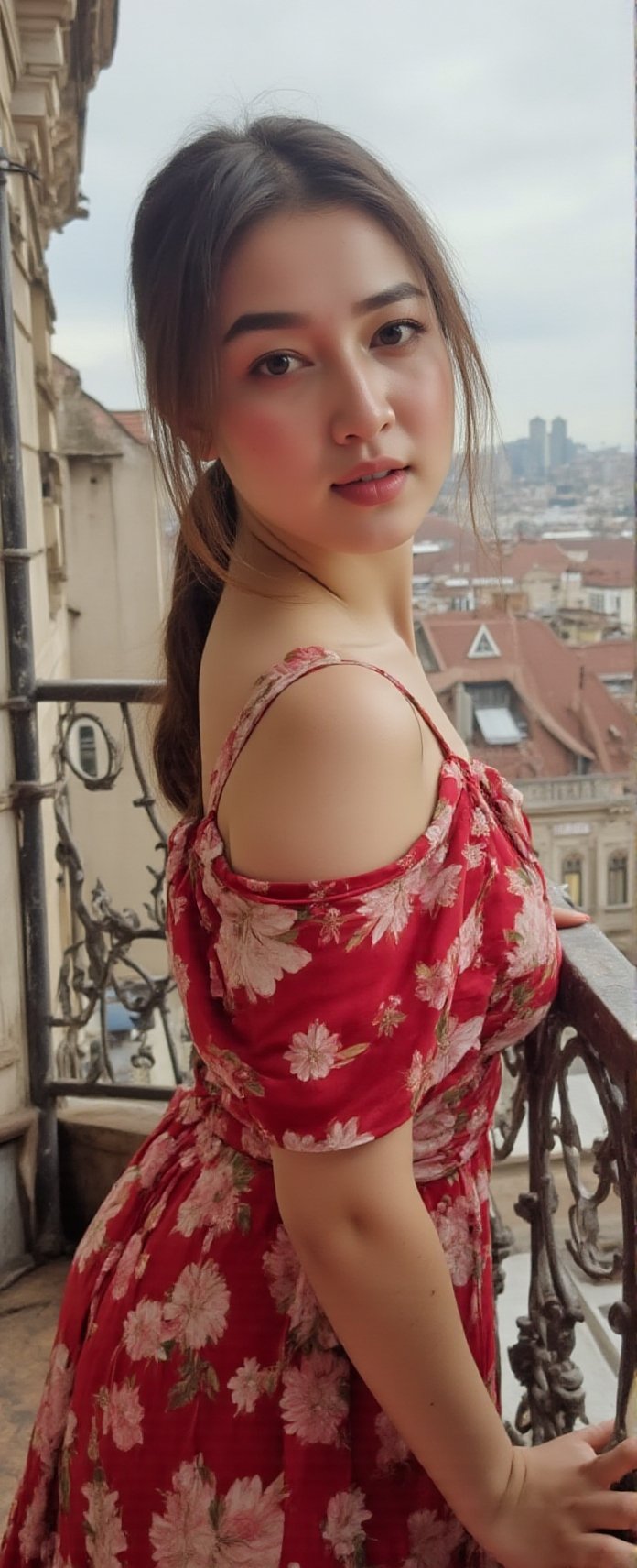 “Elegant Korean girl in a red floral dress leans back on a vintage balcony railing,  turning her head to the camera. Wind...