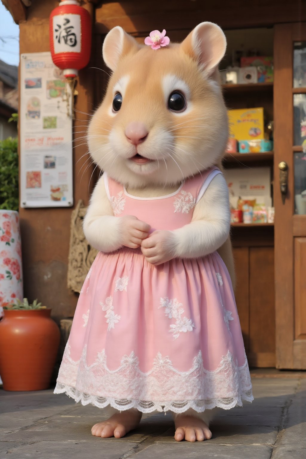 A cute brown white hamster baby wearing a dress with a cherry blossom petal lace pattern,  decorated with a cherry blossom...