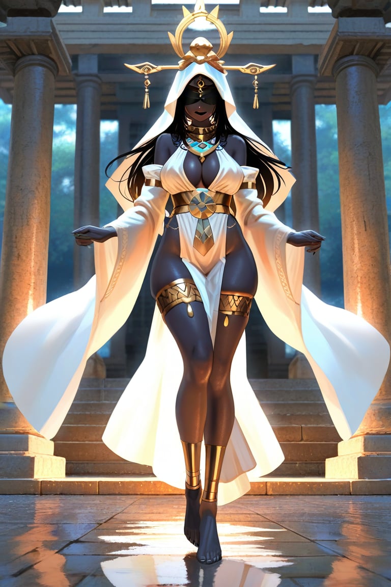 A tall,  sensual Black woman stands elegantly in an ancient temple,  shrouded in a dark blue sinister aura. She has delica...