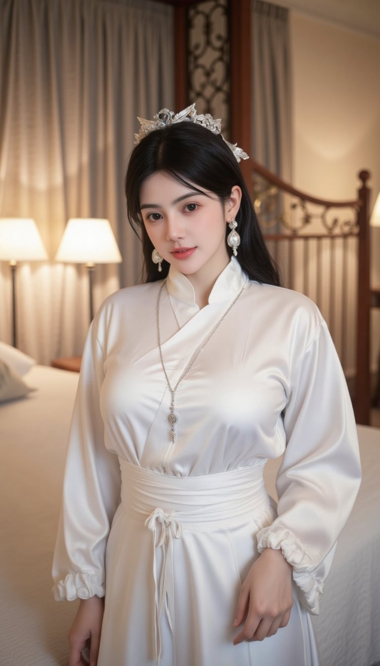 Create an 8K ultra-detailed masterpiece depicting a woman wearing a white ninja outfit that hugs her body shape,  necklace...