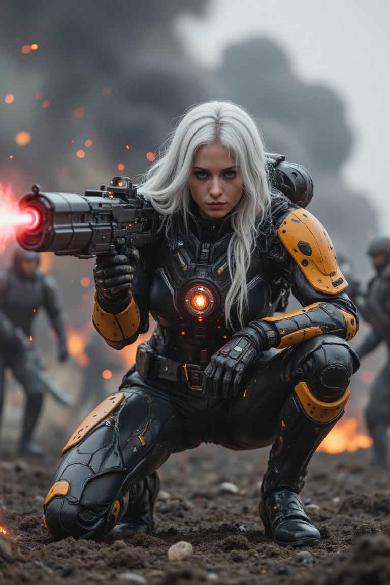safe_pos,  A bio-mechanical female warrior with long white hair,  clad in sleek black and orange mech armor by qgzqgz on T...