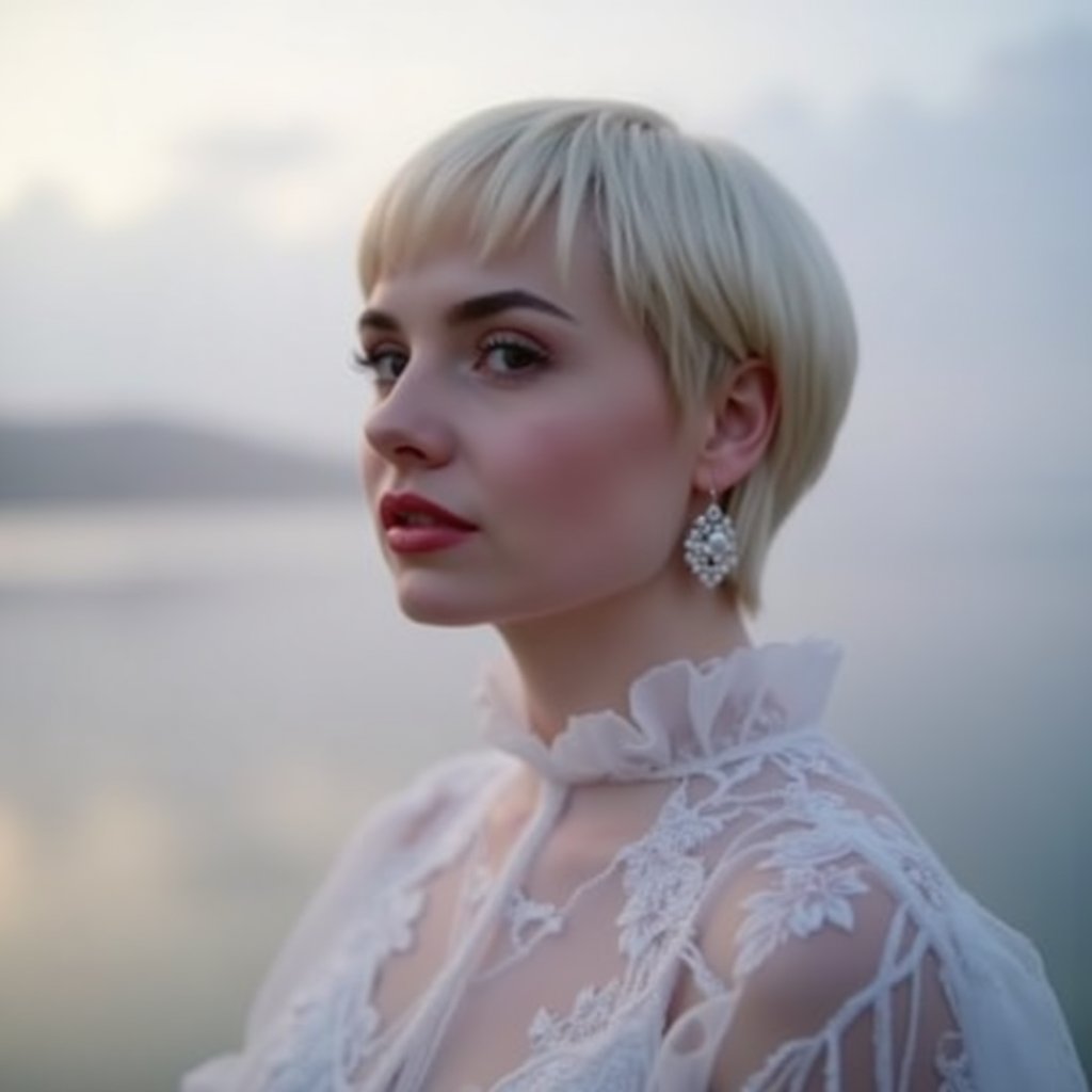 A luminous blonde woman with an avant-garde pixie cut styled like a swan princess,  embodying ethereal elegance against a...