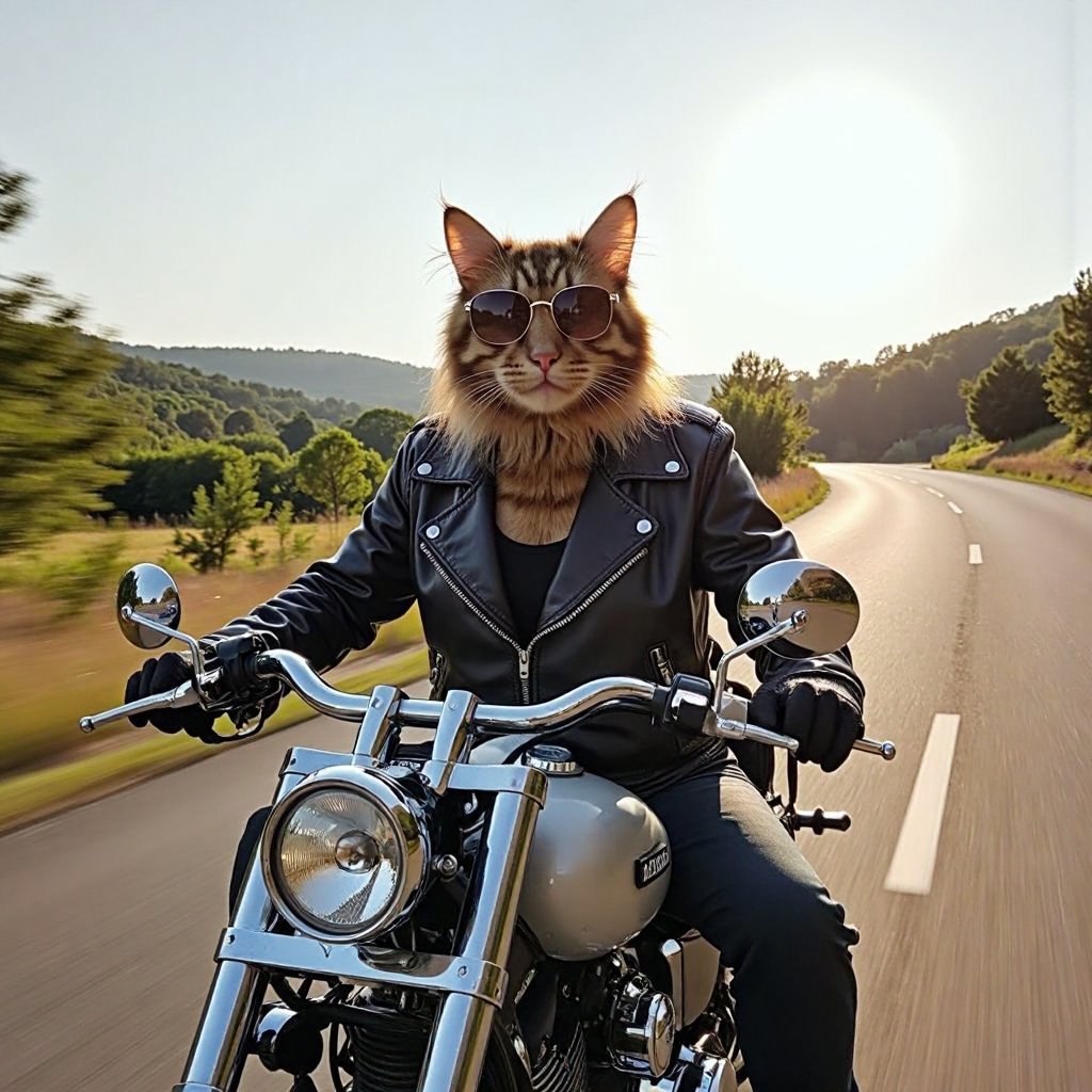 Imagine a thrilling scene where a tough-looking biker cat rides confidently down an open highway on a shiny motorcycle. Th...