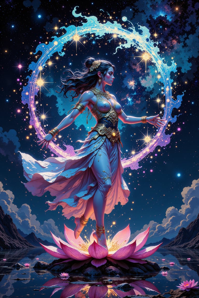 A celestial dancer performing a graceful dance on a lotus platform,  her movements creating ripples of starlight,  elegant...