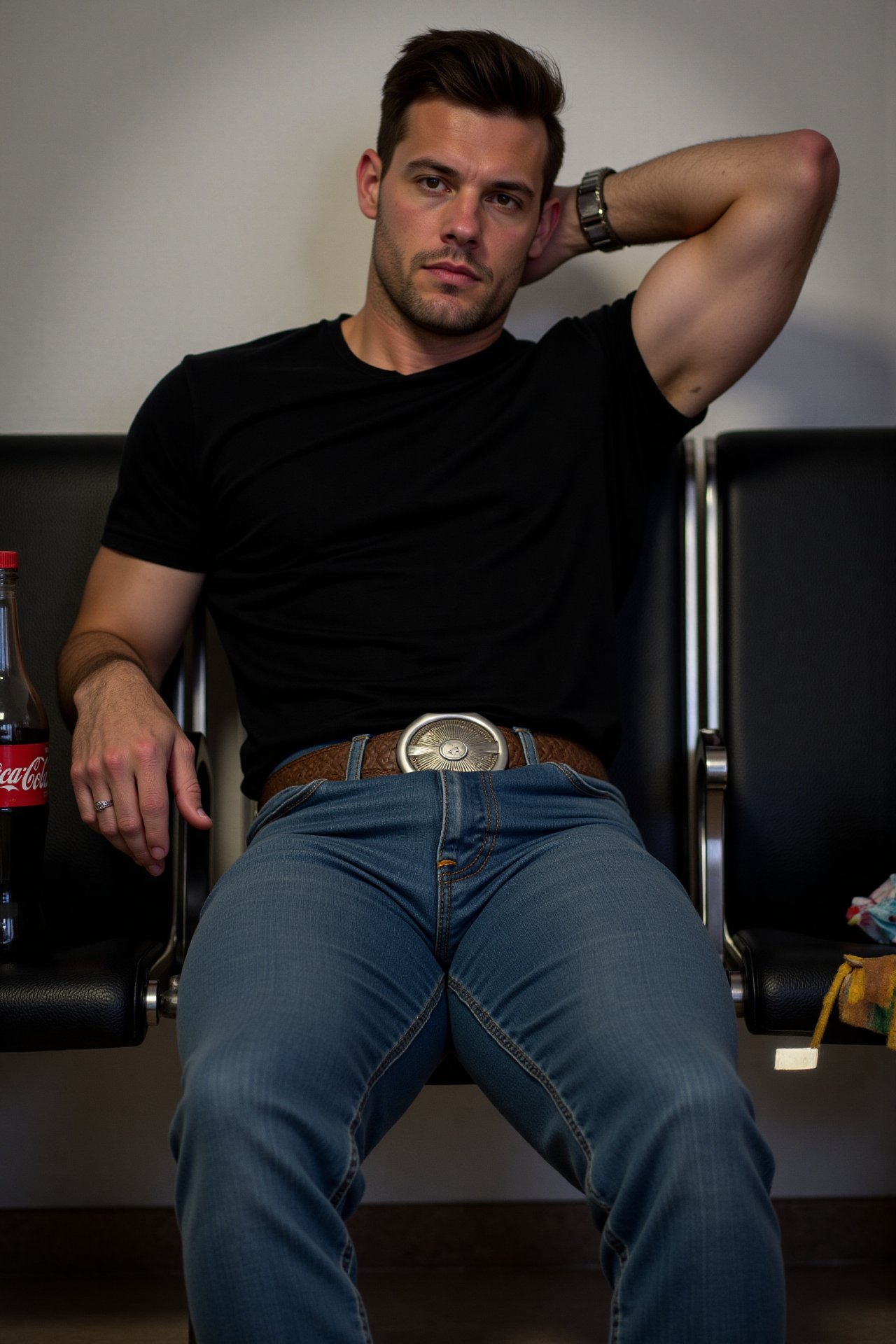 A photorealistic close up photo of a muscular,  handsome cowboy man in airport. He sits very relaxed in and with confident...